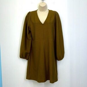 Madewell - Olive Green V Neck Balloon Sleeve Ribbed Ponte Midi Dress Size Large